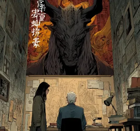 奇幻设定方向漫画封面，画面为古籍与符文图案